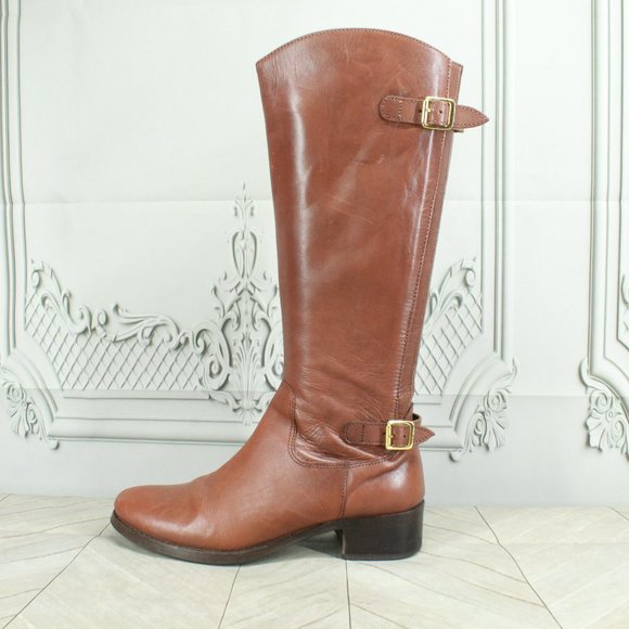 Milano Shoes - Milano Martignana Brown Leather Side Zipper Buckled Tall Riding Boots Size 9